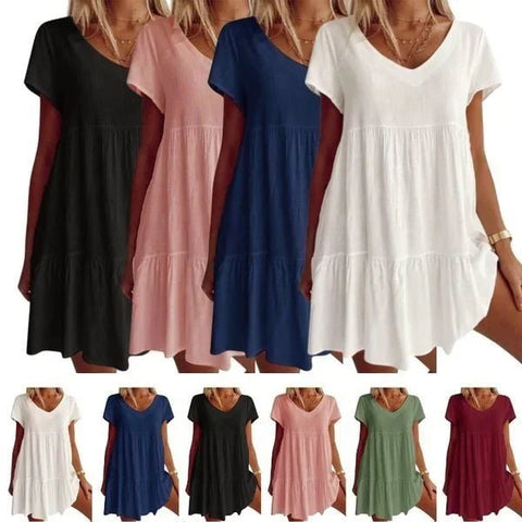 Maisie | Lässiges gewebtes Kleid mit kurzen Ärmeln und V-Ausschnitt