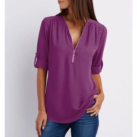 Samantha | Plus Size Bluse mit 3/4-Ärmeln und Reißverschluss