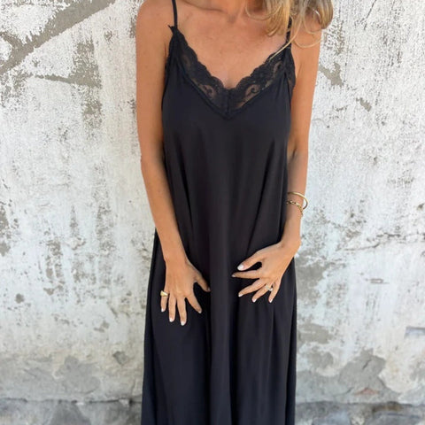 Raiden | Elegantes Damen-Spaghettiträger-Maxikleid mit Spitzenbesatz und V-Ausschnitt