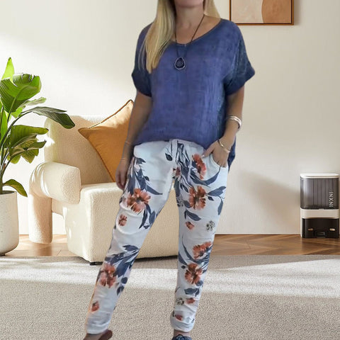 Jonah | 2-teiliges Outfit für Damen - einfarbige Bluse und lässige Hose mit Blumenmuster