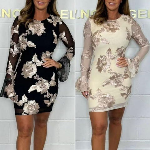 Woman wearing two versions of floral embroidered dress: black base with cream flowers on left, cream base with taupe flowers