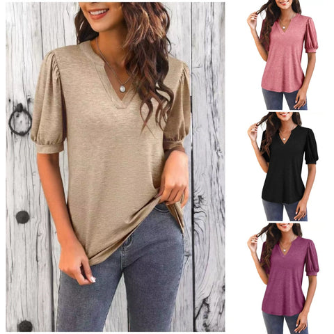 Erwina | Damen V-Ausschnitt Lässiges Puff Kurzarm Top Elegantes T-Shirt
