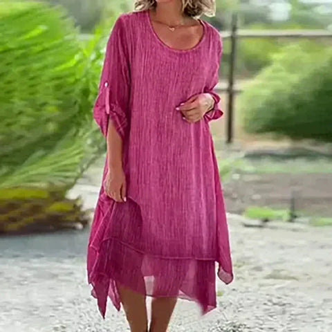 Emmalyn | 💕Damen elegantes einfarbiges lockeres Kleid mit Rundhalsausschnitt