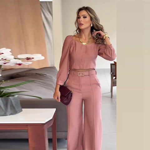Cher | Elegantes Rosa Top mit Quadratischem Ausschnitt und Weite Hosen 2-teiliges Set