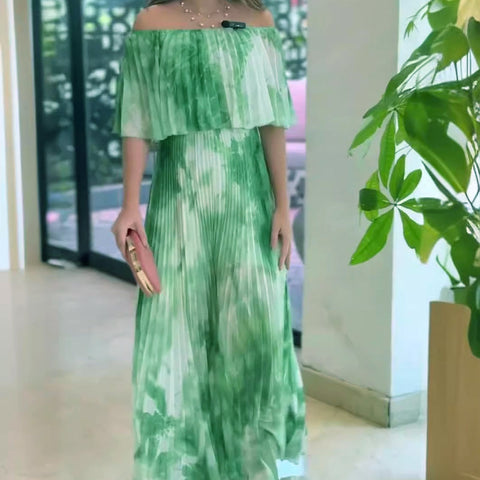 Pia | Bedrucktes, plissiertes Off-Shoulder-Kleid für Damen