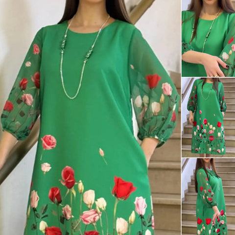 Caren | Elegantes Damenkleid mit Blumen und Rundhalsausschnitt