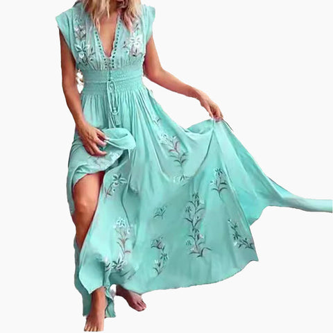 Louisa | Damen langes Sommerkleid im Boho-Stil mit Spitzausschnitt