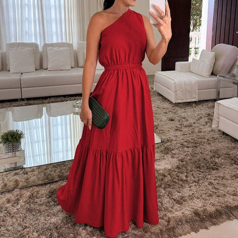 Stephanie | Stilvolle Uni-Farben Ein-Schulter-Langes Kleid mit geraffter Taille