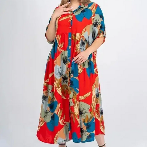 Vanny | Lockeres, bedrucktes Button-Down-Langkleid für Damen mit Revers