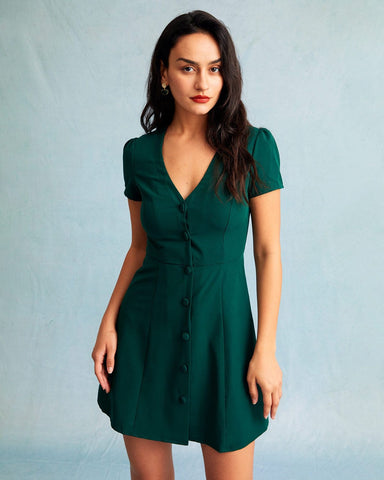 Jaiden | Das dunkelgrüne V-Ausschnitt Knopfblusen-Minikleid