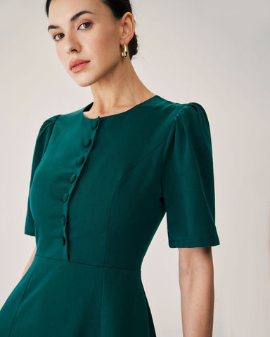 Johnathan | Grünes Midikleid mit Puffärmeln und Knopfleiste