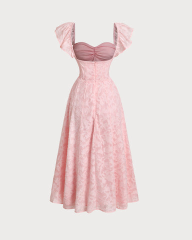 Veronica | Pinkes Jacquard-Midi-Kleid mit Rüschen und quadratischem Ausschnitt